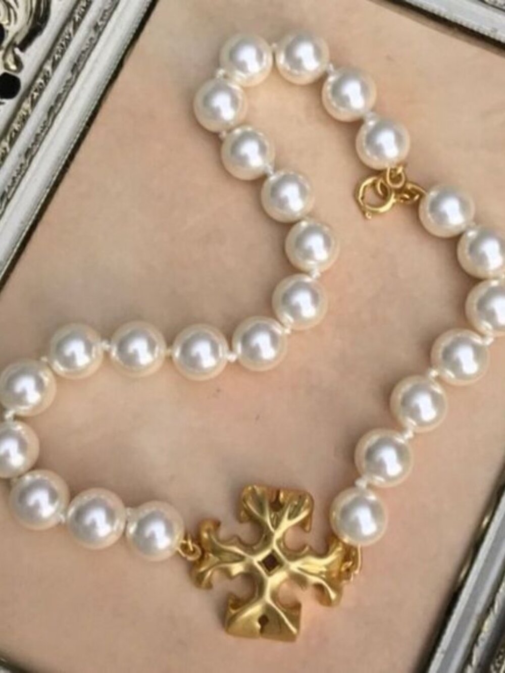 NEW TORY BURCH Roxanne Pearl Double T Logo Statement Choker Necklace